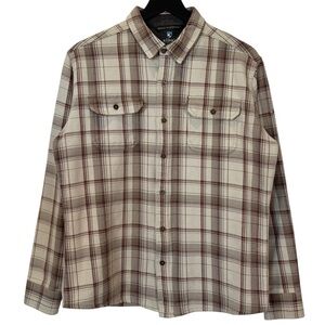 Kuhl Size L Disordr Flannel Heavyweight Shirt Plaid Shacket Cream Burgundy Brown